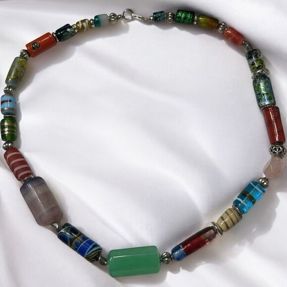 One of a Kind Handcrafted Murano Artisan VTG Glass Cylinder Beads Necklace 20” - Picture 3 of 5